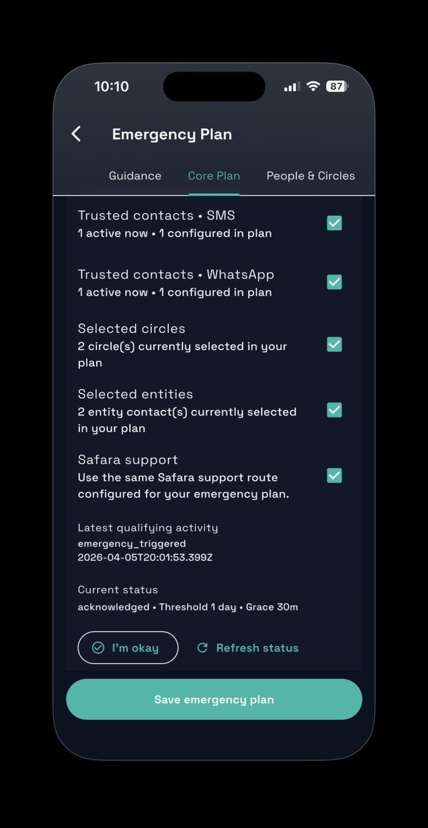 Safara emergency plan screen